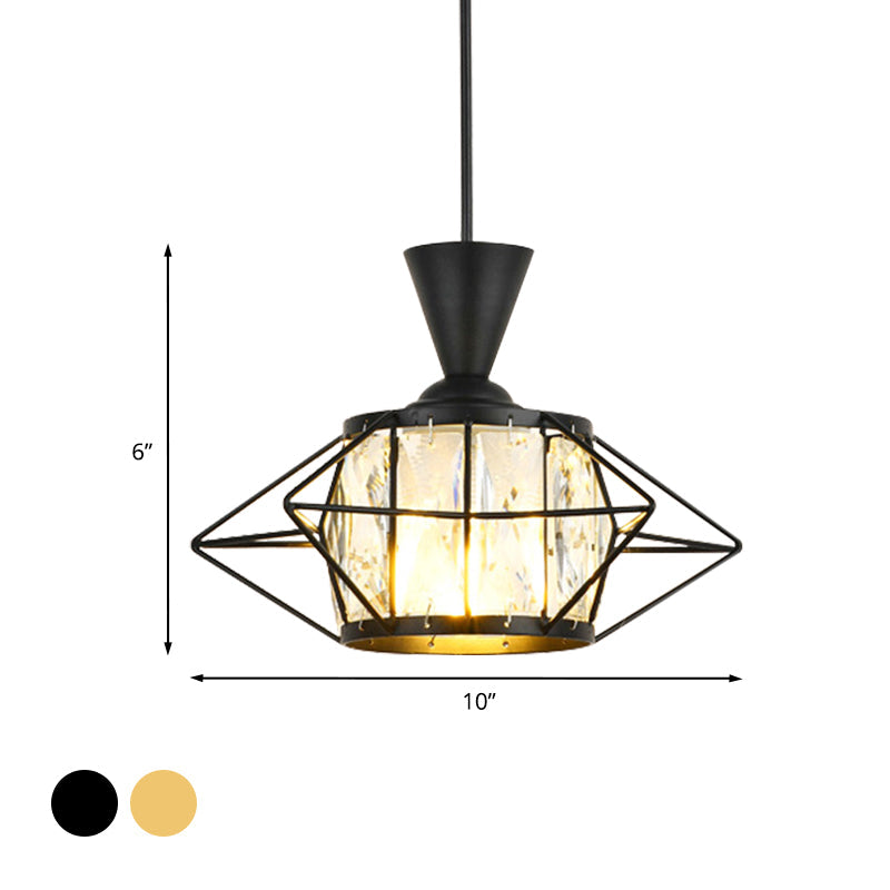 Wire Cage Hanging Pendant Light Modern Metal 1 Light Dining Room Ceiling Lamp in Black/Gold with Drum Crystal Shade Clearhalo 'Ceiling Lights' 'Modern Pendants' 'Modern' 'Pendant Lights' 'Pendants' Lighting' 968624