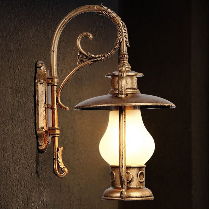 Lantern Frosted Glass Wall Mounted Lamp Coastal Single Bulb Outdoor Sconce Light in Black/Aged Brass Clearhalo 'Art deco wall lights' 'Cast Iron' 'Glass' 'Industrial wall lights' 'Industrial' 'Middle century wall lights' 'Modern' 'Rustic wall lights' 'Tiffany' 'Traditional wall lights' 'Wall Lamps & Sconces' 'Wall Lights' Lighting' 968925