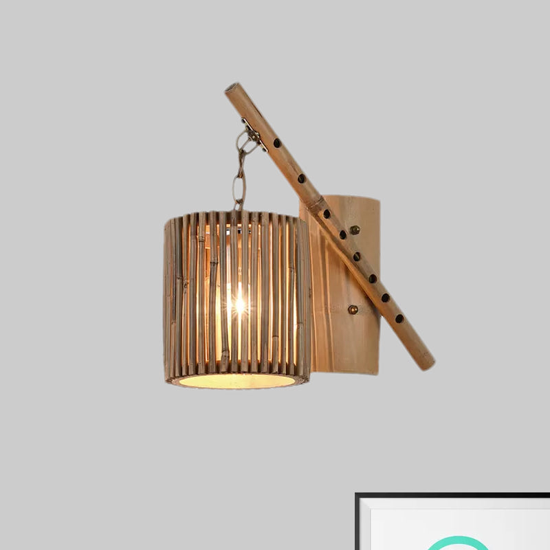 Bamboo Cylindrical Shade Wall Light Sconce Asian Style 1 Light Wood Wall Lamp with Flute Decoration, Left/Right Clearhalo 'Wall Lamps & Sconces' 'Wall Lights' Lighting' 969091