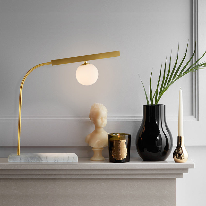 Orb Milk Glass Desk Light Minimalist 1 Light Gold Reading Book Light with Rectangle Marble Base Clearhalo 'Lamps' 'Table Lamps' Lighting' 969105