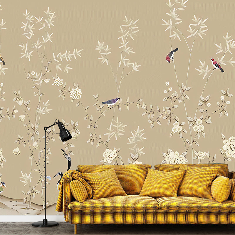 Oriental Blossoming Spring Mural Wallpaper for Accent Wall, Pastel Yellow, Personalized Size Available Brown Clearhalo 'Wall Decor' 'Wall Mural' 969171