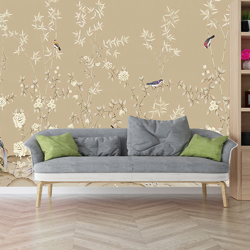 Oriental Blossoming Spring Mural Wallpaper for Accent Wall, Pastel Yellow, Personalized Size Available Clearhalo 'Wall Decor' 'Wall Mural' 969172