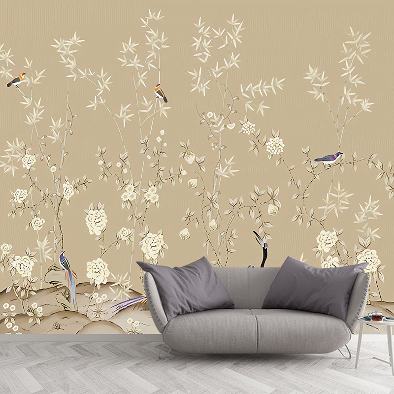 Oriental Blossoming Spring Mural Wallpaper for Accent Wall, Pastel Yellow, Personalized Size Available Clearhalo 'Wall Decor' 'Wall Mural' 969173