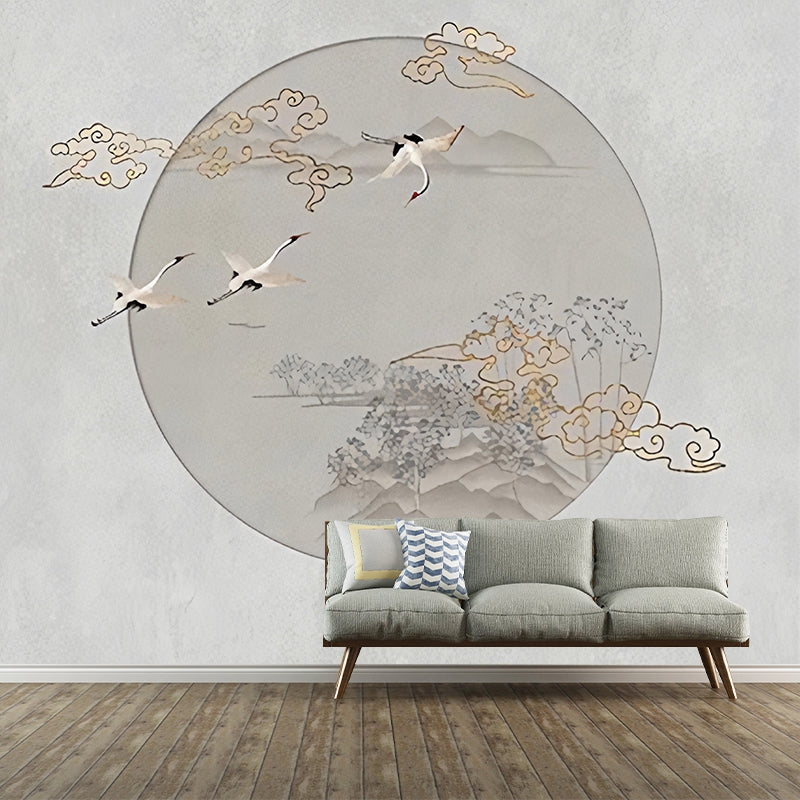 Full Sun and Bird Mural in Pastel Color Non-Woven Wall Covering for Home Decor, Custom-Printed Clearhalo 'Wall Decor' 'Wall Mural' 969177