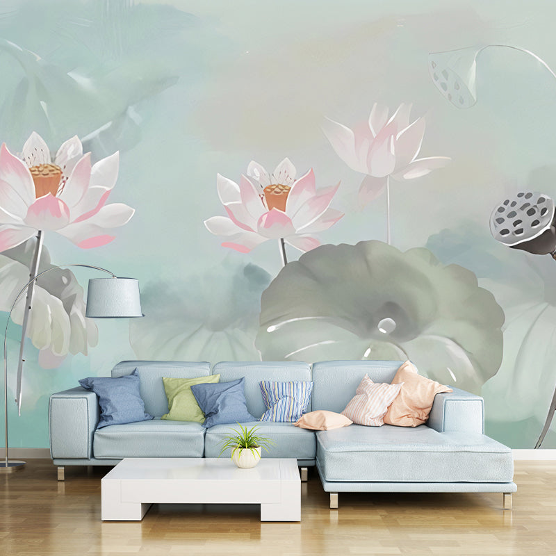 Fresh Lotus Wall Covering Pink and Green Gallery Mural Wallpaper, Custom-Printed Green Clearhalo 'Wall Decor' 'Wall Mural' 969181