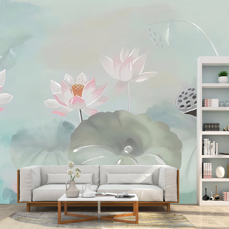 Fresh Lotus Wall Covering Pink and Green Gallery Mural Wallpaper, Custom-Printed Clearhalo 'Wall Decor' 'Wall Mural' 969182