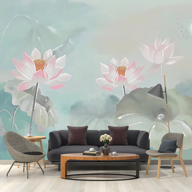 Fresh Lotus Wall Covering Pink and Green Gallery Mural Wallpaper, Custom-Printed Clearhalo 'Wall Decor' 'Wall Mural' 969183