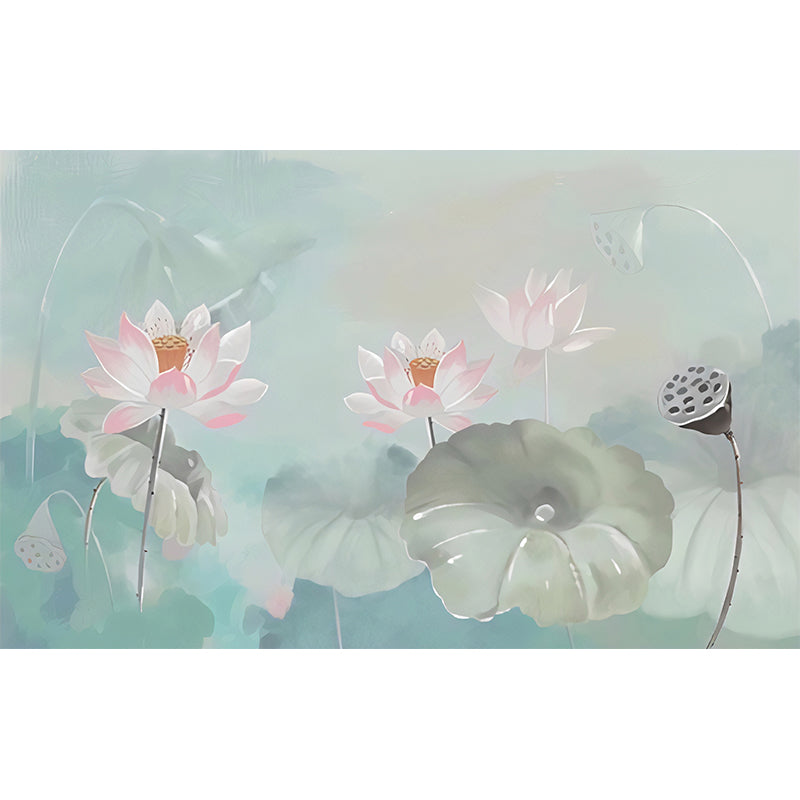 Fresh Lotus Wall Covering Pink and Green Gallery Mural Wallpaper, Custom-Printed Clearhalo 'Wall Decor' 'Wall Mural' 969184