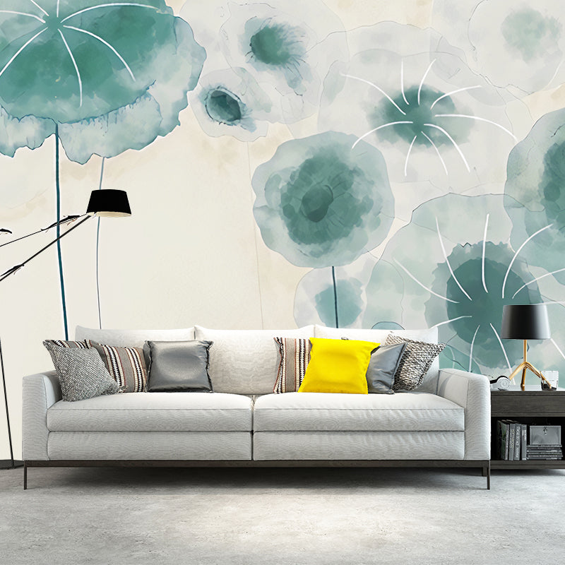 Illustration Style Lotus Mural Extra Large Wall Art for Living Room, Made to Measure Green Clearhalo 'Wall Decor' 'Wall Mural' 969192