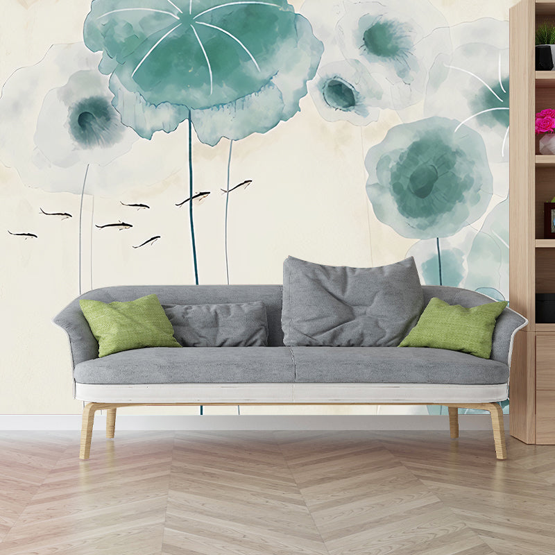 Illustration Style Lotus Mural Extra Large Wall Art for Living Room, Made to Measure Clearhalo 'Wall Decor' 'Wall Mural' 969193