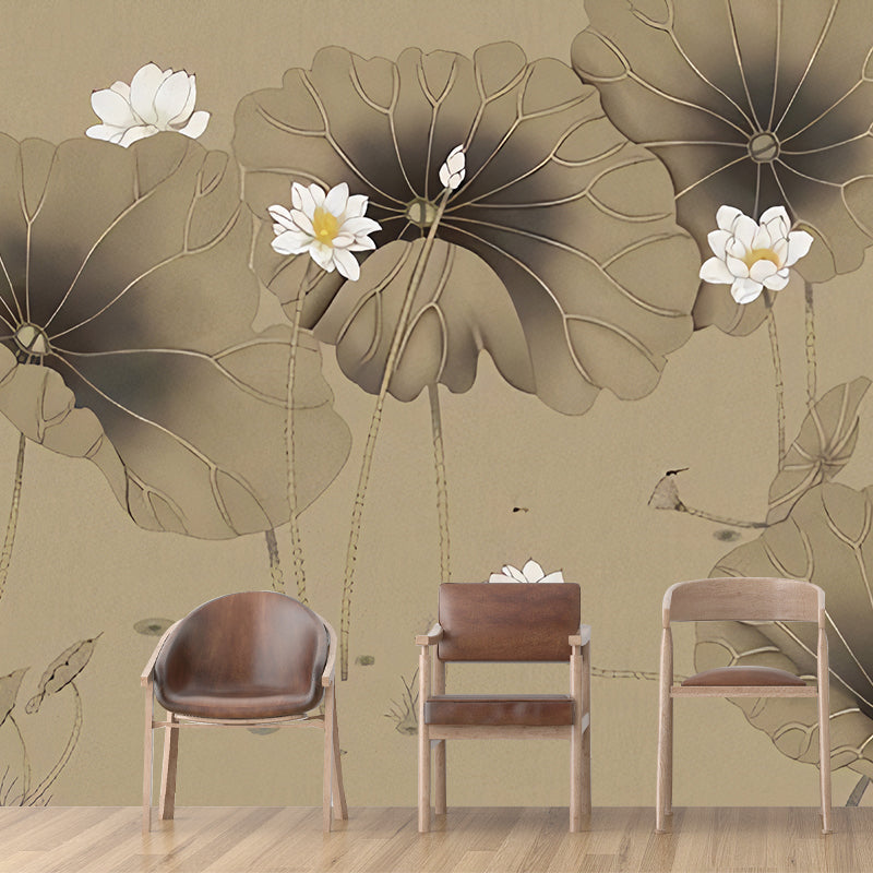 Vintage Lotus Mural Wallpaper for Accent Wall, Full Size Wall Art in Brown and White Grey-Light Yellow Clearhalo 'Wall Decor' 'Wall Mural' 969196