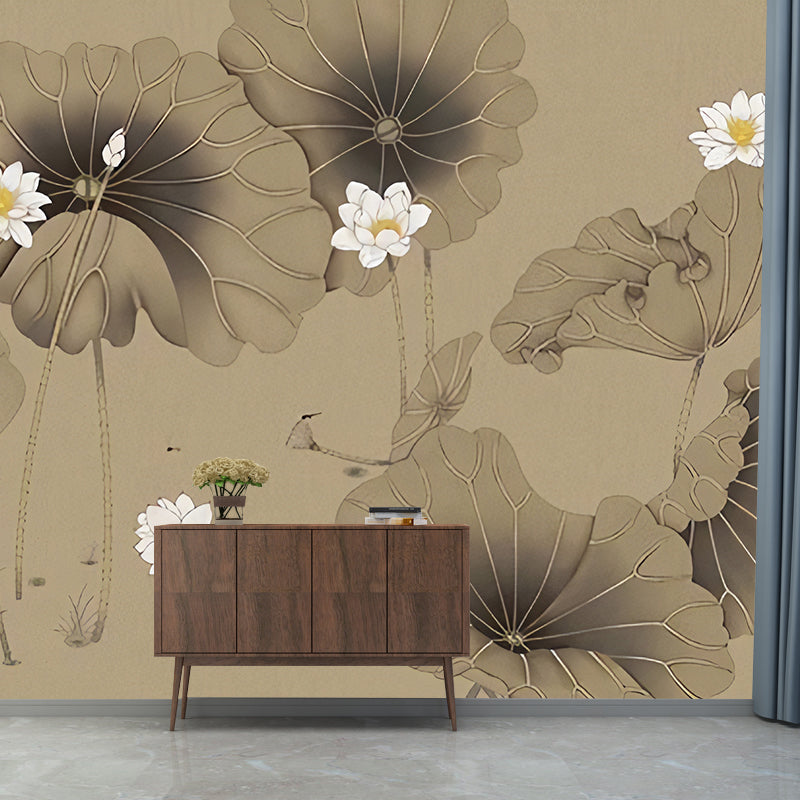 Vintage Lotus Mural Wallpaper for Accent Wall, Full Size Wall Art in Brown and White Clearhalo 'Wall Decor' 'Wall Mural' 969197