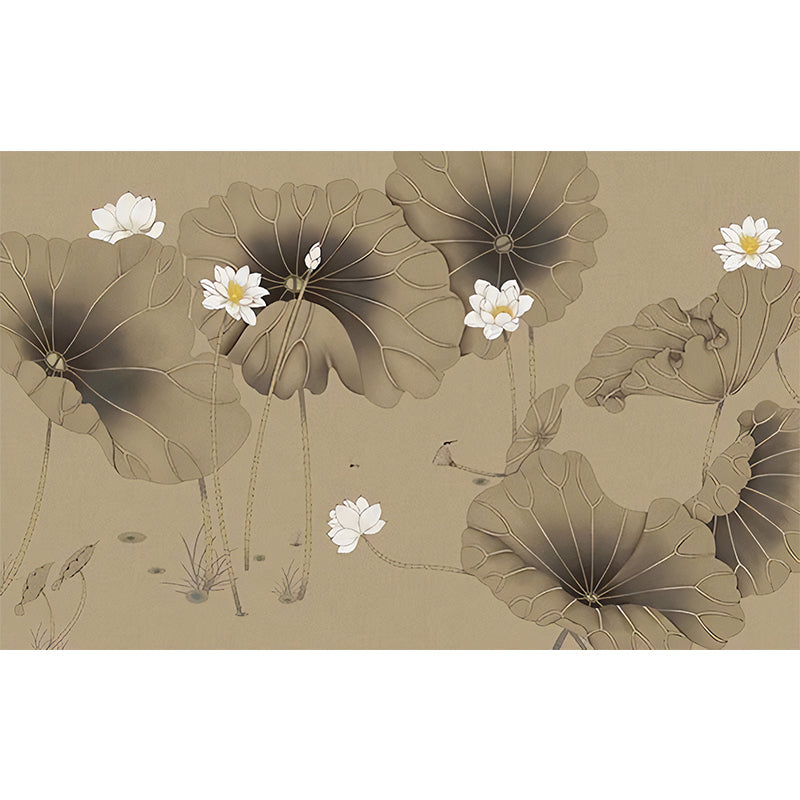 Vintage Lotus Mural Wallpaper for Accent Wall, Full Size Wall Art in Brown and White Clearhalo 'Wall Decor' 'Wall Mural' 969199