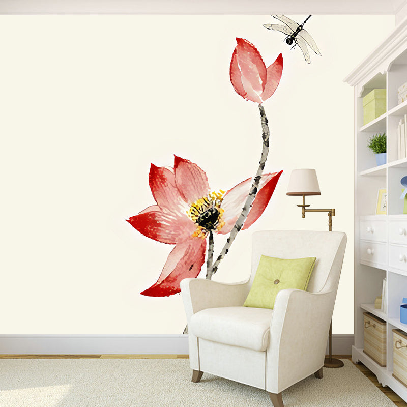 Lotus and Dragonfly Mural Wallpaper in Pink and White, Asia Inspired Wall Decor for Living Room Red-White Clearhalo 'Wall Decor' 'Wall Mural' 969201