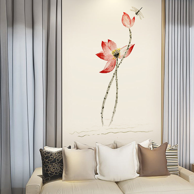 Lotus and Dragonfly Mural Wallpaper in Pink and White, Asia Inspired Wall Decor for Living Room Clearhalo 'Wall Decor' 'Wall Mural' 969203