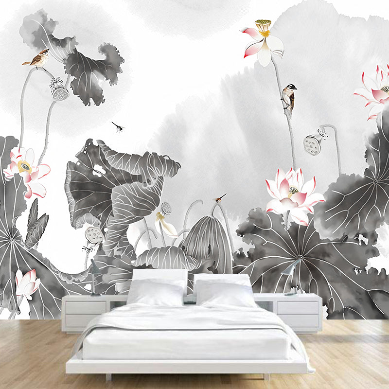 Giant Illustration Vintage Wall Mural for Guest Room with Watercolors of Lotus in Grey and Pink Grey Clearhalo 'Wall Decor' 'Wall Mural' 969206