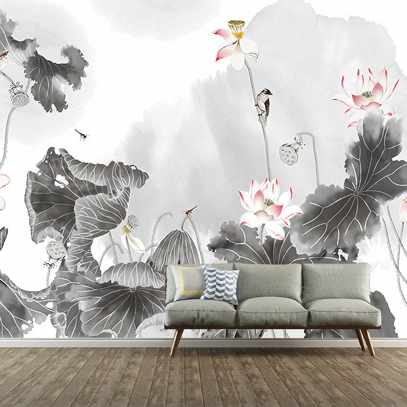 Giant Illustration Vintage Wall Mural for Guest Room with Watercolors of Lotus in Grey and Pink Clearhalo 'Wall Decor' 'Wall Mural' 969207