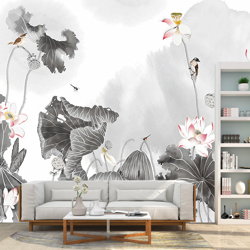 Giant Illustration Vintage Wall Mural for Guest Room with Watercolors of Lotus in Grey and Pink Clearhalo 'Wall Decor' 'Wall Mural' 969208