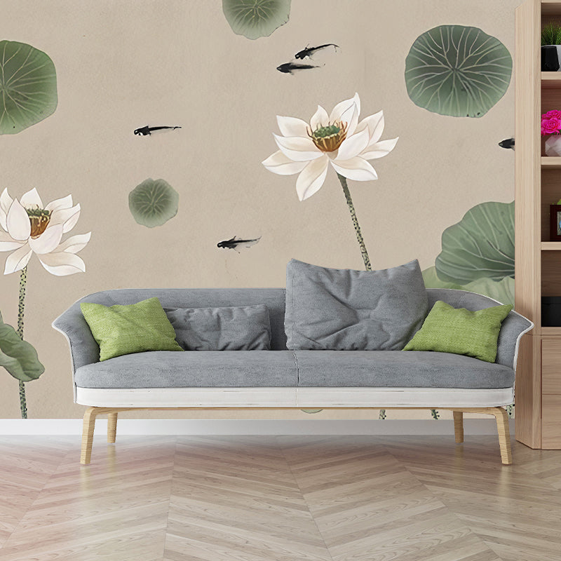 Giant Illustration Lotus Wall Art Lotus and Leaf Mural Wallpaper, Green and Brown Green Clearhalo 'Wall Decor' 'Wall Mural' 969211