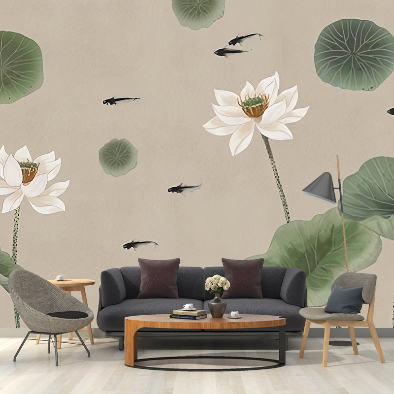 Giant Illustration Lotus Wall Art Lotus and Leaf Mural Wallpaper, Green and Brown Clearhalo 'Wall Decor' 'Wall Mural' 969212