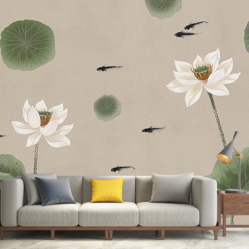 Giant Illustration Lotus Wall Art Lotus and Leaf Mural Wallpaper, Green and Brown Clearhalo 'Wall Decor' 'Wall Mural' 969213