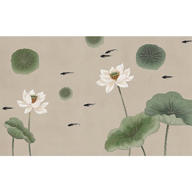 Giant Illustration Lotus Wall Art Lotus and Leaf Mural Wallpaper, Green and Brown Clearhalo 'Wall Decor' 'Wall Mural' 969214