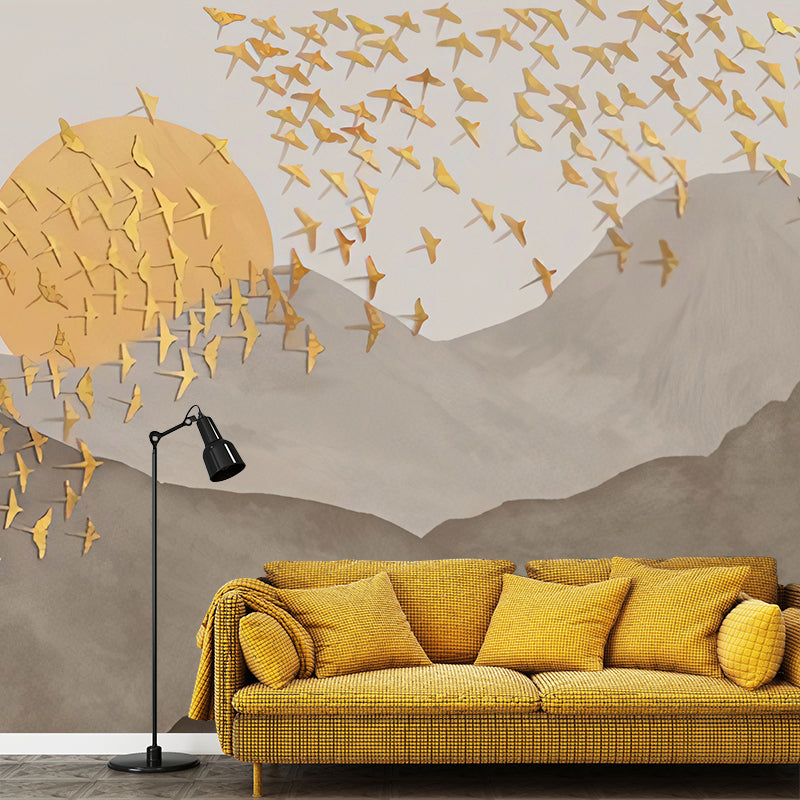 Full Traditional Wall Decor Grey and Gold Wild Goose and Dusk Wall Mural, Personalized Size Available Gold Clearhalo 'Wall Decor' 'Wall Mural' 969221