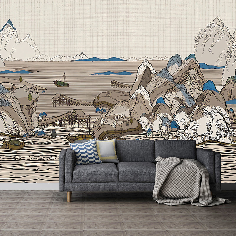 Stain-Resistant Boat and Mountain Mural Non-Woven Traditional Wall Art for Living Room Gray-Blue Clearhalo 'Wall Decor' 'Wall Mural' 969231