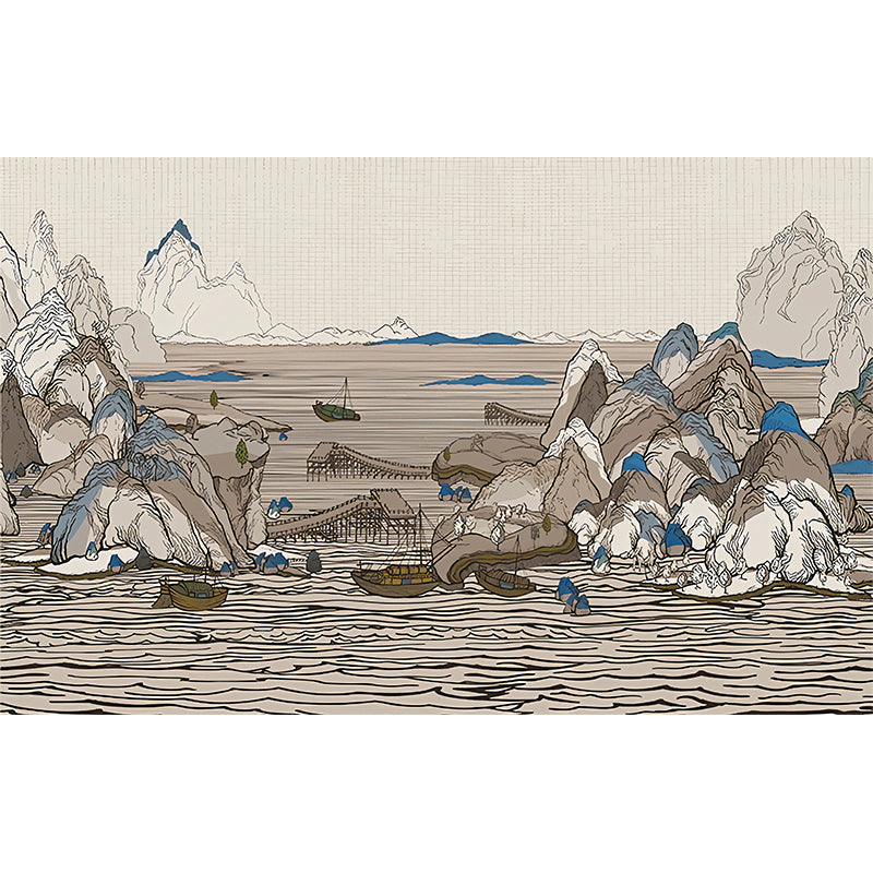 Stain-Resistant Boat and Mountain Mural Non-Woven Traditional Wall Art for Living Room Clearhalo 'Wall Decor' 'Wall Mural' 969234