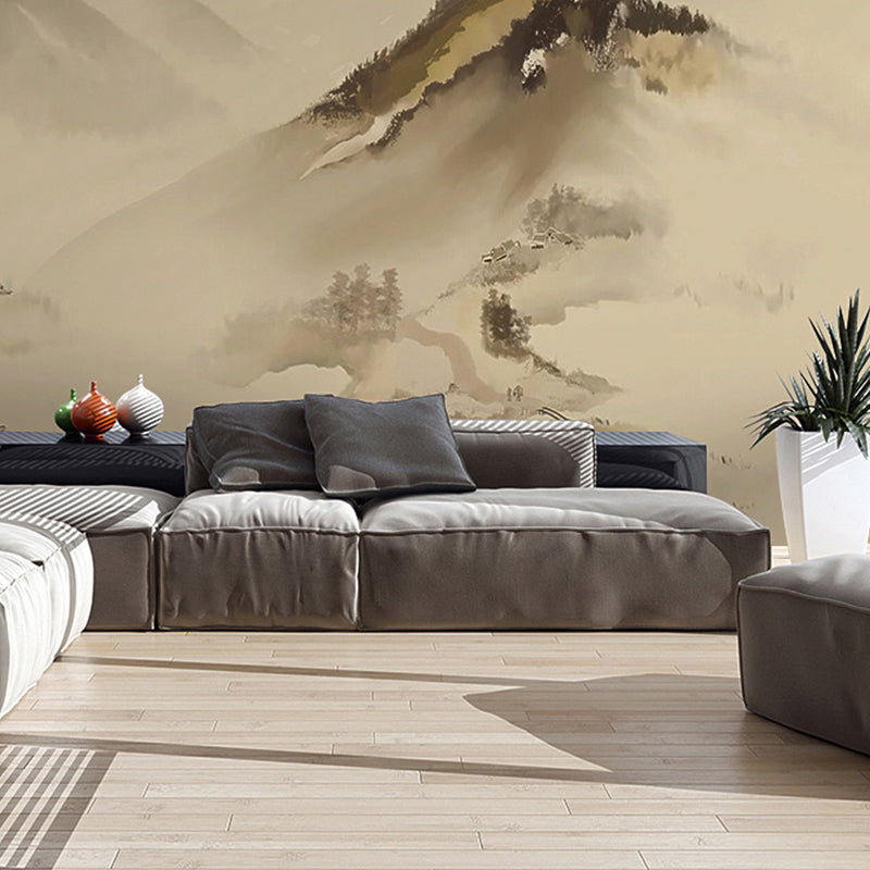 Whole Illustration Mountain Mural for Accent Wall, Pastel Brown, Made to Measure Light Brown Clearhalo 'Wall Decor' 'Wall Mural' 969241