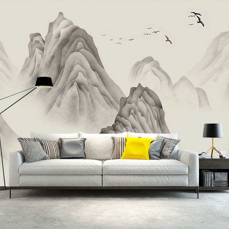 Extra Large Illustration Vintage Mural Wallpaper for Gallery with Mountain Pattern in Grey Light Gray Clearhalo 'Wall Decor' 'Wall Mural' 969246