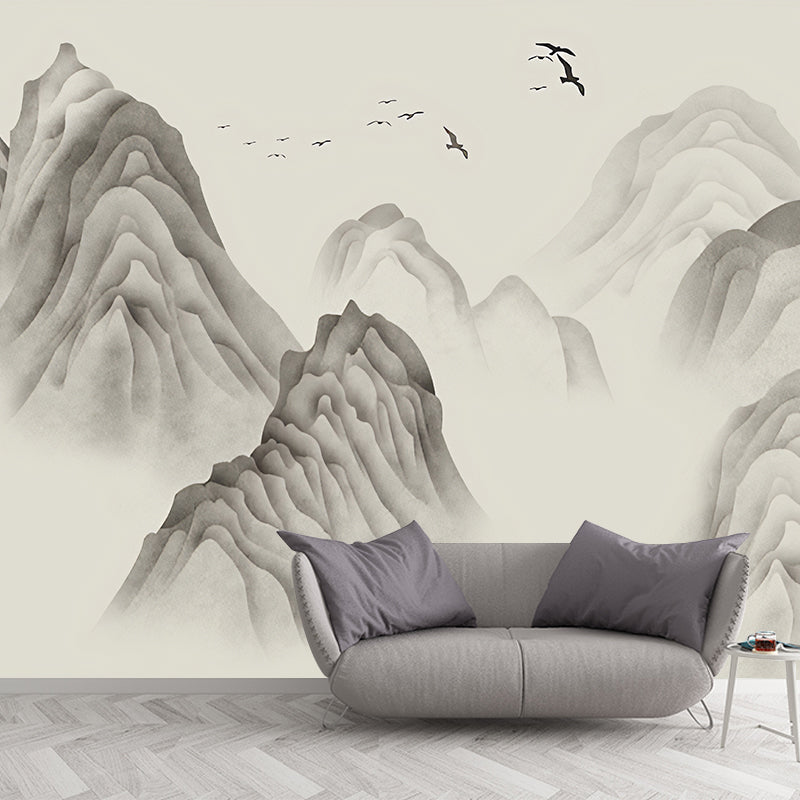 Extra Large Illustration Vintage Mural Wallpaper for Gallery with Mountain Pattern in Grey Clearhalo 'Wall Decor' 'Wall Mural' 969247