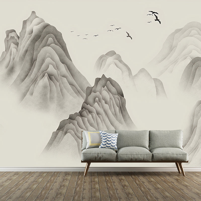 Extra Large Illustration Vintage Mural Wallpaper for Gallery with Mountain Pattern in Grey Clearhalo 'Wall Decor' 'Wall Mural' 969248