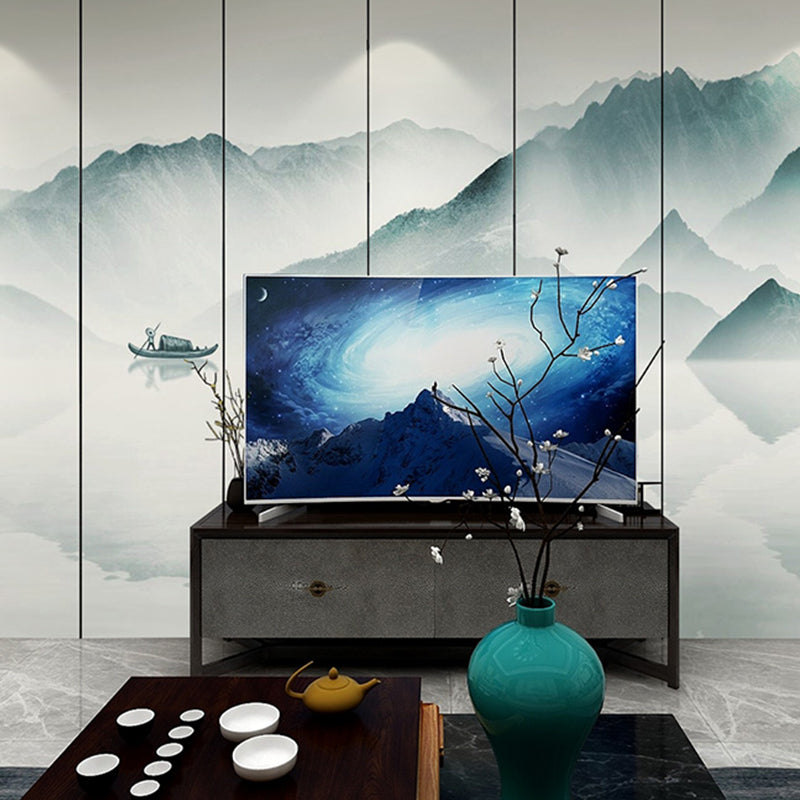 Lake and Mountain Mural Wallpaper in Green and White, Chinese Wall Covering for Accent Wall White-Navy Clearhalo 'Wall Decor' 'Wall Mural' 969256