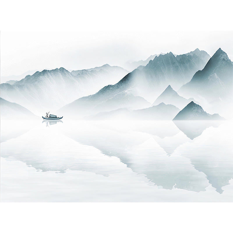 Lake and Mountain Mural Wallpaper in Green and White, Chinese Wall Covering for Accent Wall Clearhalo 'Wall Decor' 'Wall Mural' 969259