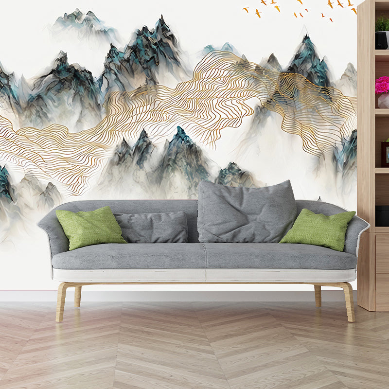 Large Illustration Vintage Mural Wallpaper for Guest Room with Mountain in Green and Yellow Grey-Gold-White-Green Clearhalo 'Wall Decor' 'Wall Mural' 969266