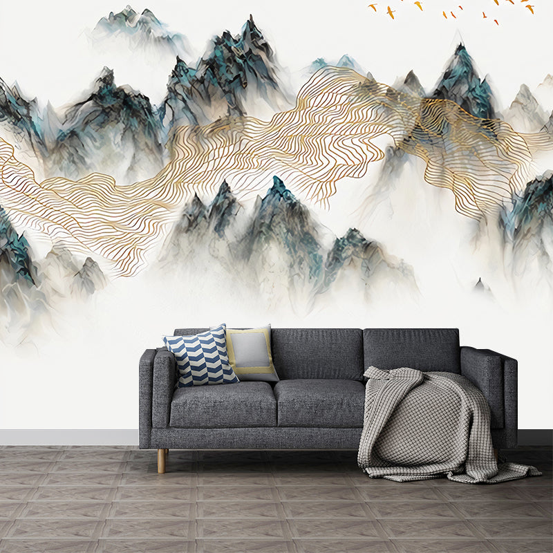 Large Illustration Vintage Mural Wallpaper for Guest Room with Mountain in Green and Yellow Clearhalo 'Wall Decor' 'Wall Mural' 969267