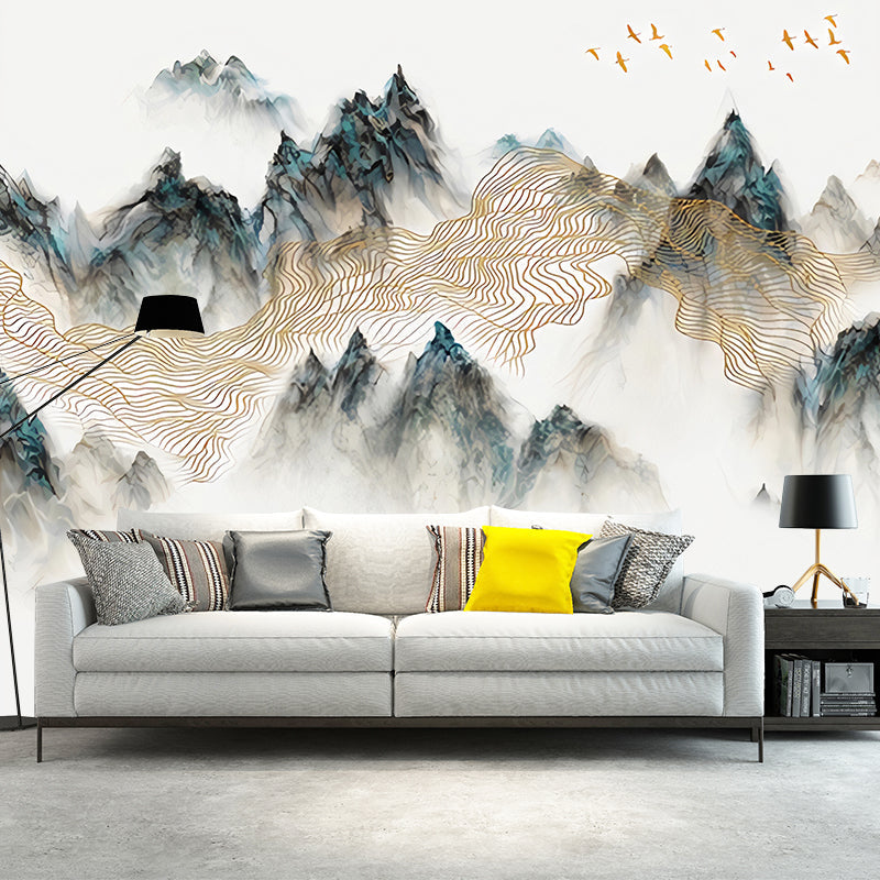 Large Illustration Vintage Mural Wallpaper for Guest Room with Mountain in Green and Yellow Clearhalo 'Wall Decor' 'Wall Mural' 969268