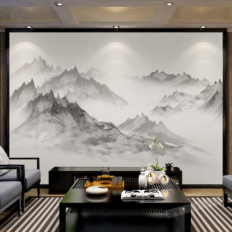 Enormous Illustration Mountain Mural for Living Room Decoration, Grey and White, Personalized Size Available Smoke Gray Clearhalo 'Wall Decor' 'Wall Mural' 969271