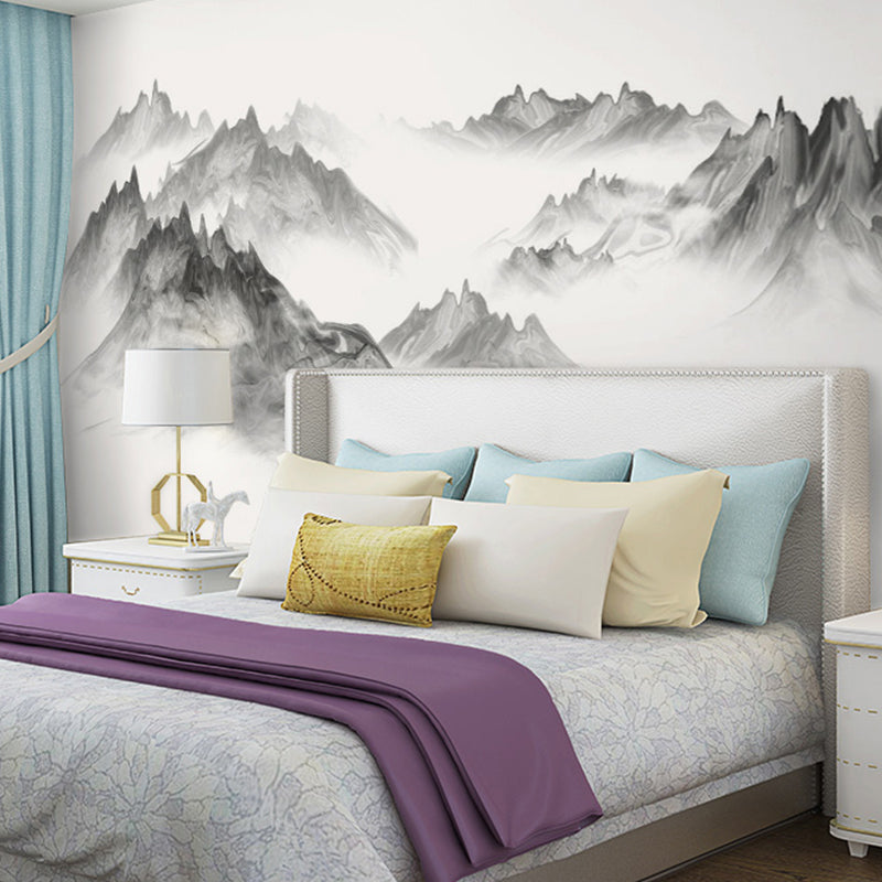 Enormous Illustration Mountain Mural for Living Room Decoration, Grey and White, Personalized Size Available Clearhalo 'Wall Decor' 'Wall Mural' 969273