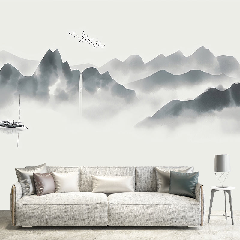 Water-Resistant Mountain Mural Non-Woven Material Traditional Wall Covering for Bedroom Grey Clearhalo 'Wall Decor' 'Wall Mural' 969276