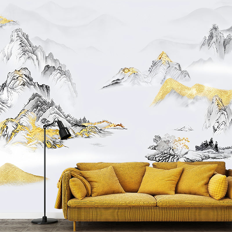 Large Asia Inspired Wall Art Grey and Gold Mountain Wall Mural, Custom Size Available Gold Clearhalo 'Wall Decor' 'Wall Mural' 969281