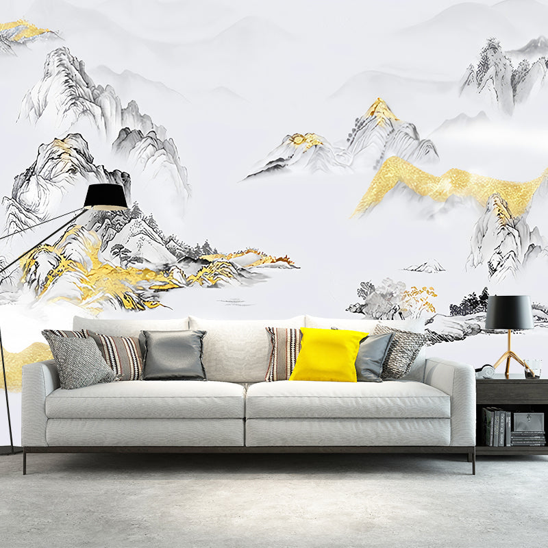 Large Asia Inspired Wall Art Grey and Gold Mountain Wall Mural, Custom Size Available Clearhalo 'Wall Decor' 'Wall Mural' 969282