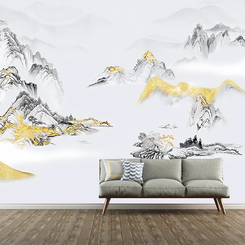 Large Asia Inspired Wall Art Grey and Gold Mountain Wall Mural, Custom Size Available Clearhalo 'Wall Decor' 'Wall Mural' 969283