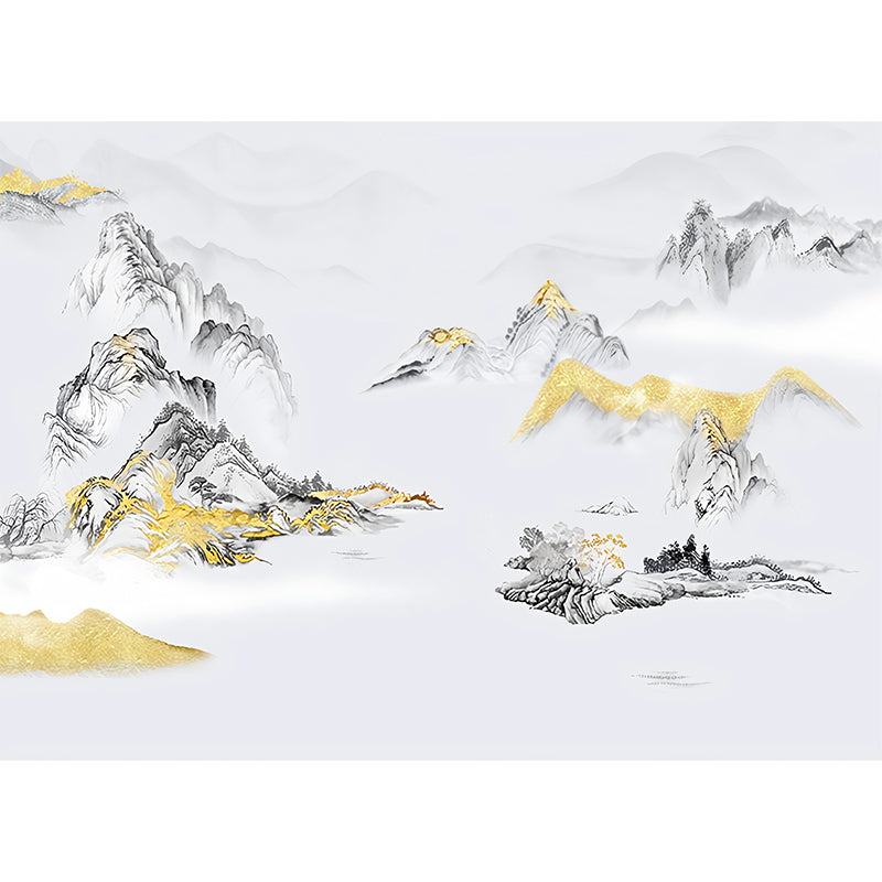 Large Asia Inspired Wall Art Grey and Gold Mountain Wall Mural, Custom Size Available Clearhalo 'Wall Decor' 'Wall Mural' 969284