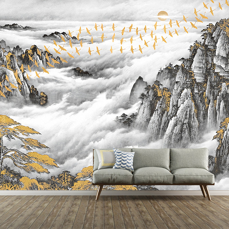 Full Size Traditional Wall Decor Gold and Grey Mountain and Bird Mural Wallpaper, Custom-Printed Gray-Gold Clearhalo 'Wall Decor' 'Wall Mural' 969291