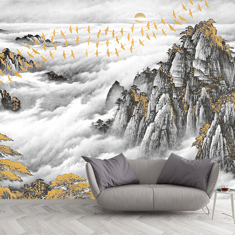 Full Size Traditional Wall Decor Gold and Grey Mountain and Bird Mural Wallpaper, Custom-Printed Clearhalo 'Wall Decor' 'Wall Mural' 969292