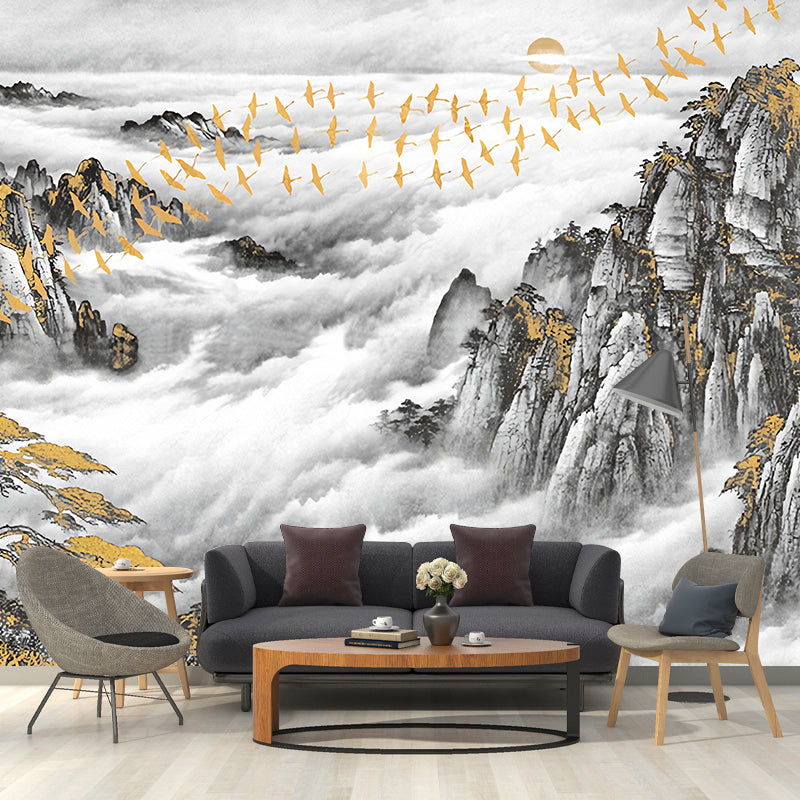 Full Size Traditional Wall Decor Gold and Grey Mountain and Bird Mural Wallpaper, Custom-Printed Clearhalo 'Wall Decor' 'Wall Mural' 969293