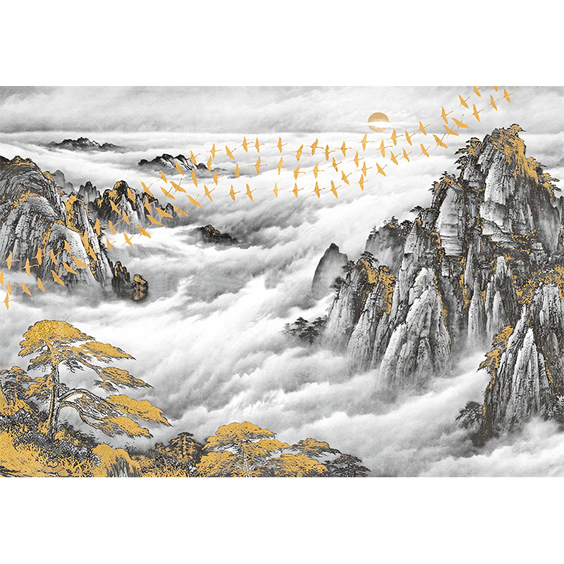 Full Size Traditional Wall Decor Gold and Grey Mountain and Bird Mural Wallpaper, Custom-Printed Clearhalo 'Wall Decor' 'Wall Mural' 969294