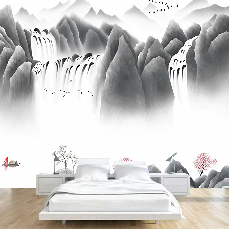 Illustration Big Mountain Mural Wallpaper for Home Decoration, Grey and White, Made to Measure Grey Clearhalo 'Wall Decor' 'Wall Mural' 969301